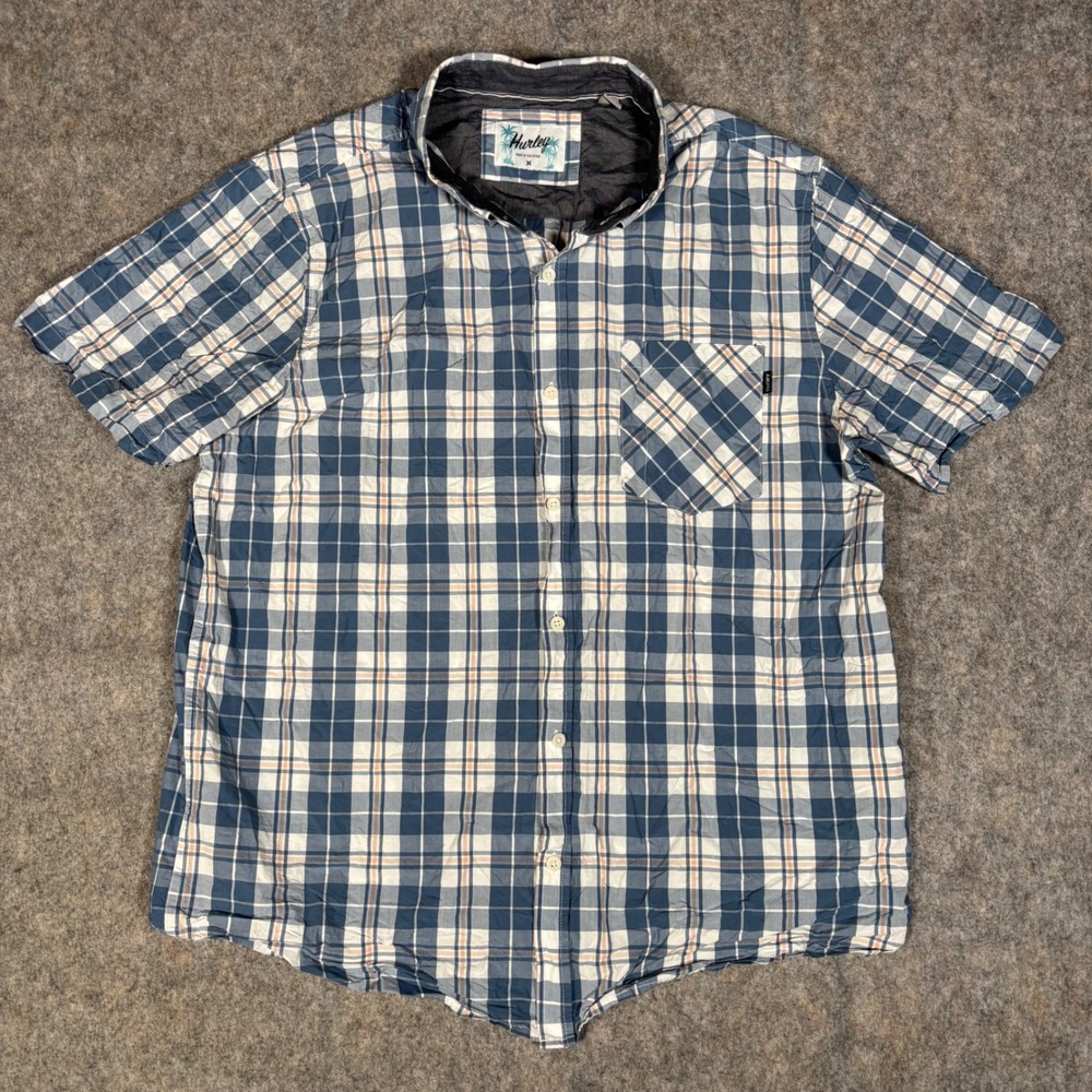 Hurley Button Down Shirt Mens XL Blue Plaid Slub Short Sleeve Surfwear Skater